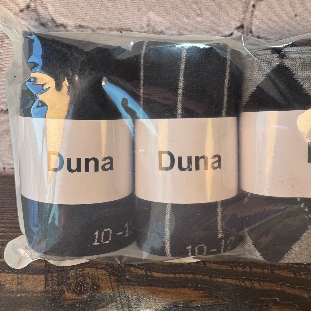 Duna Dress Socks Men Size 10-13 Black Grey NEW 4 Pack Argyle Striped Cotton Mix